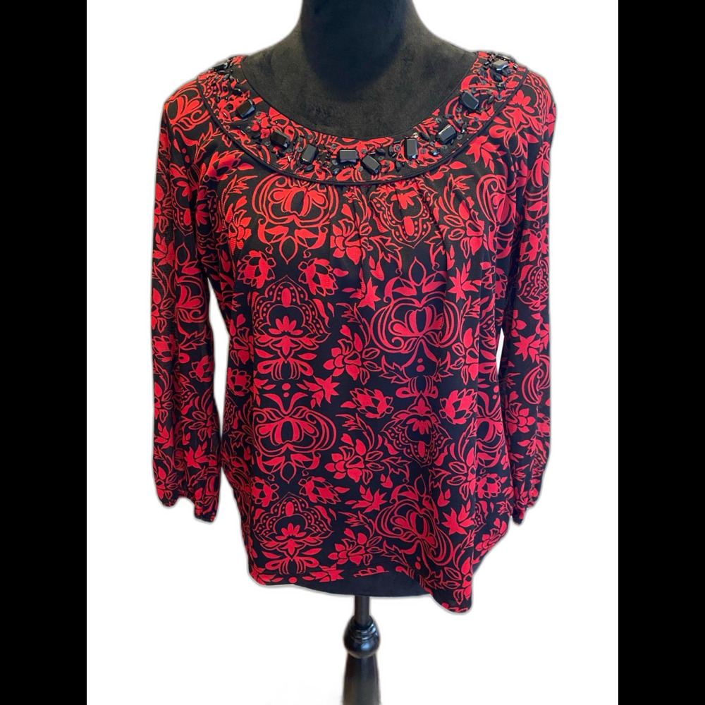 Covington Womens‎ Blouse Size Large Red Black Embellished Neckline Dressy Flowy